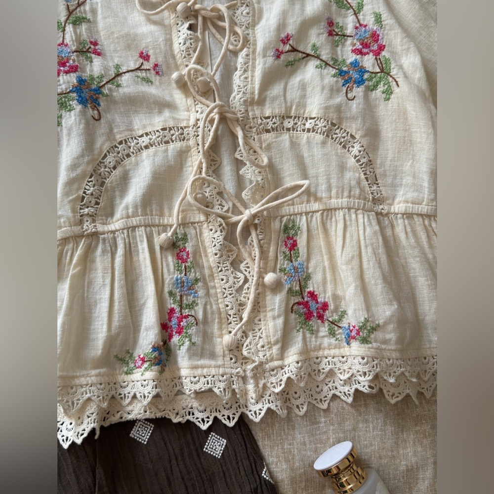 Ivory Nude Embroidered Peasant Blouse with Lace Ties - Picture 12 of 12